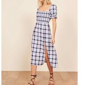 Reformation Blue Plaid Marabella Linen Midi Dress Medium